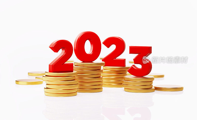 2023数字坐在硬币堆- 2023商业计划和财务目标概念